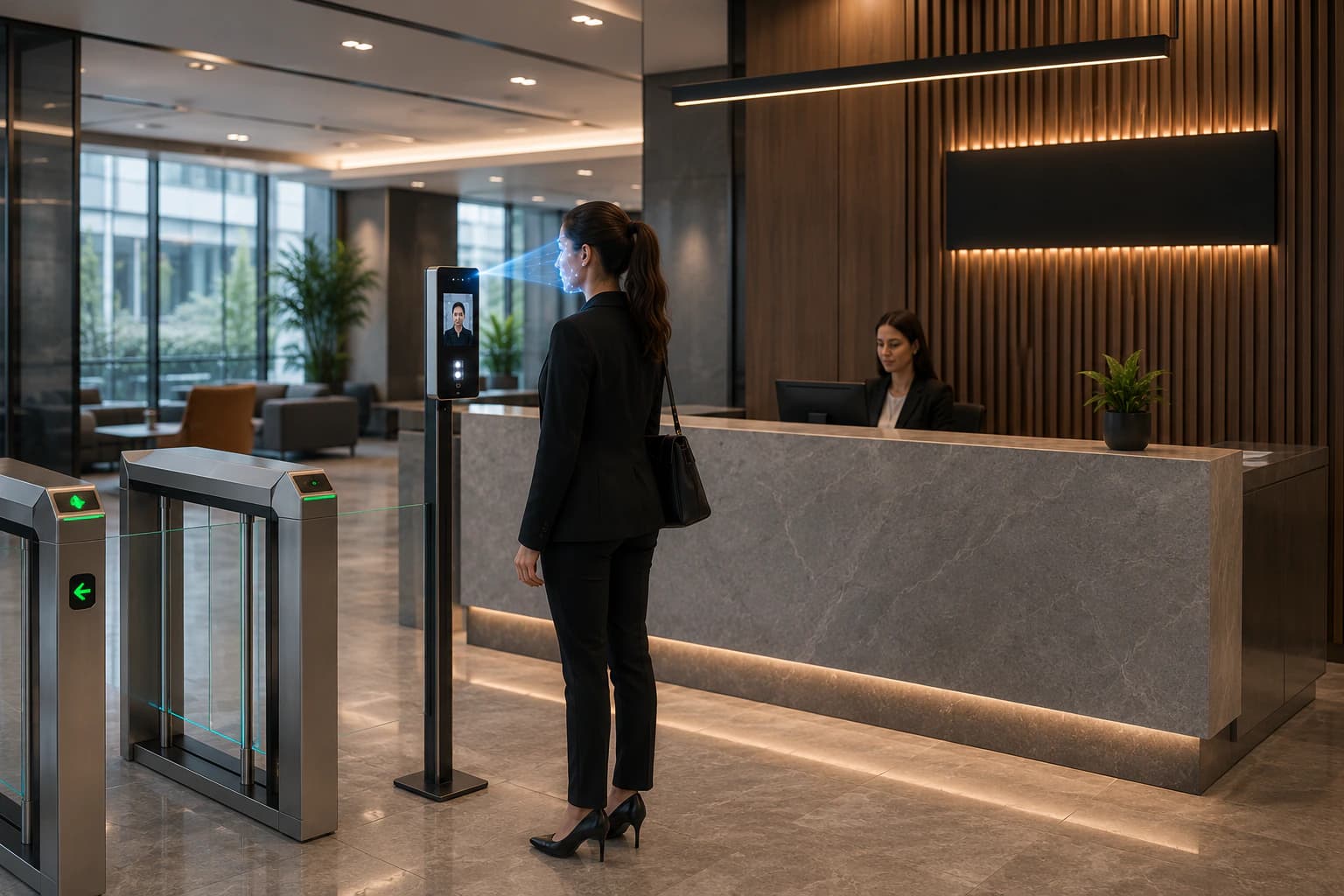 Recepção corporativa moderna com autenticação facial integrada ao ambiente