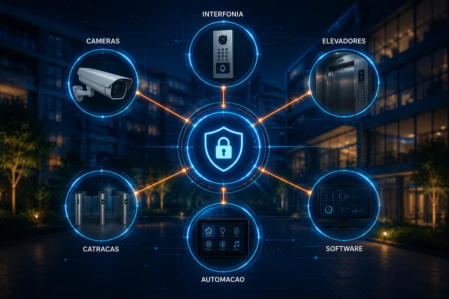 Diagrama de integração entre controle de acesso, câmeras, elevadores, catracas, interfonia e software
