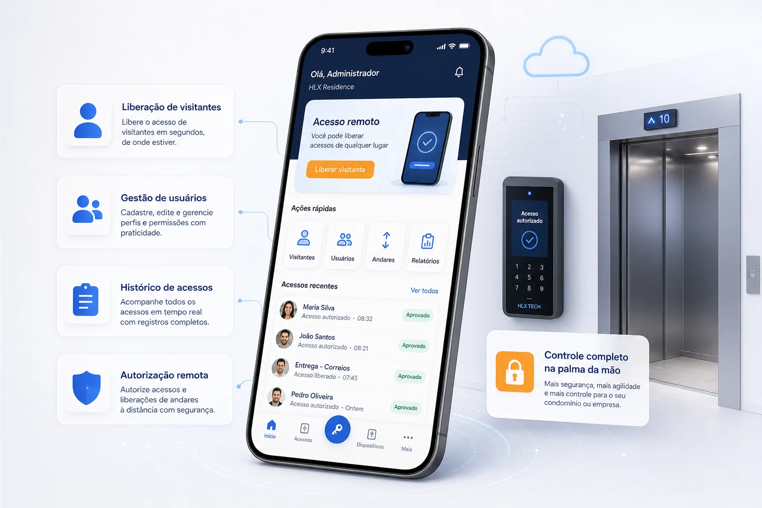 Aplicativo de controle de acesso para elevadores em smartphone, com liberação remota de visitantes, consulta de eventos e gestão de usuários.