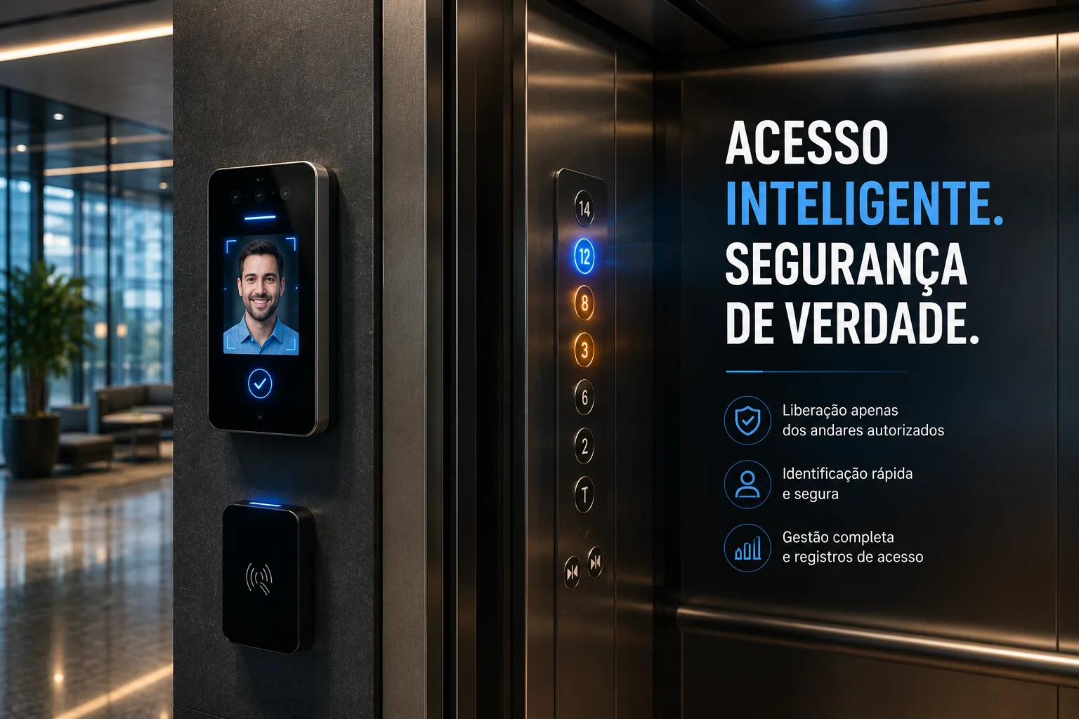 Ilustração de sistema de controle de acesso para elevadores com reconhecimento facial, liberação inteligente de andares e autenticação segura.