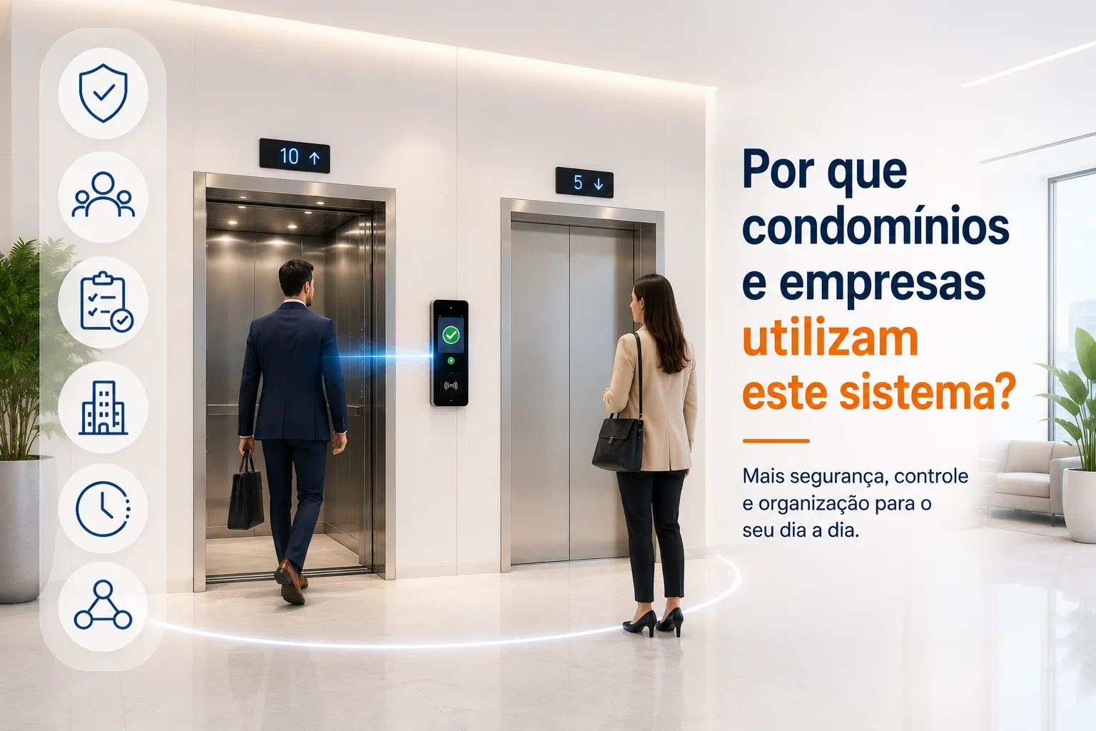 Hall moderno de condomínio corporativo com sistema de controle de acesso para elevadores, demonstrando controle de visitantes, acesso autorizado e gestão inteligente de usuários.