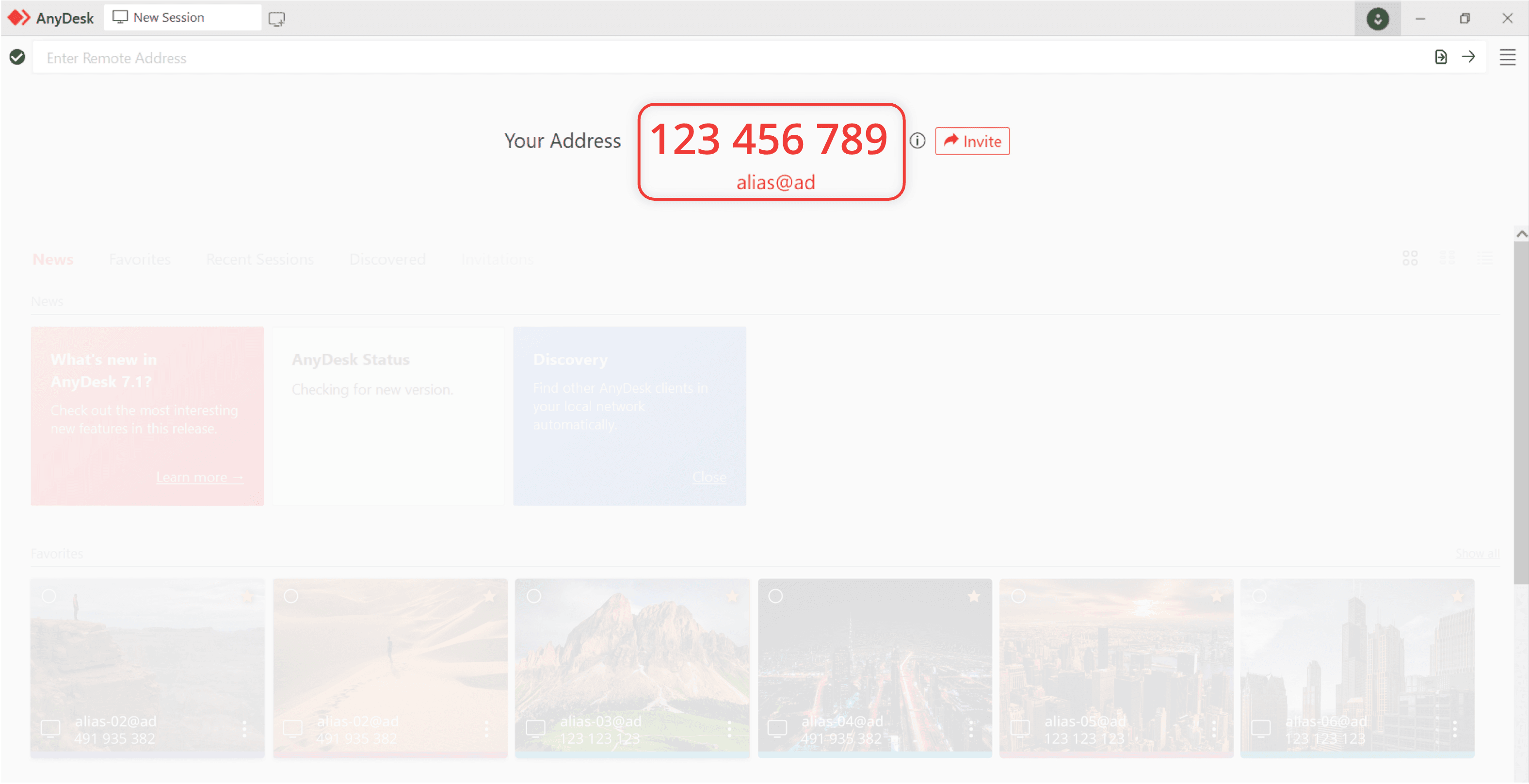 Tela real do AnyDesk mostrando o endereço deste dispositivo e o menu