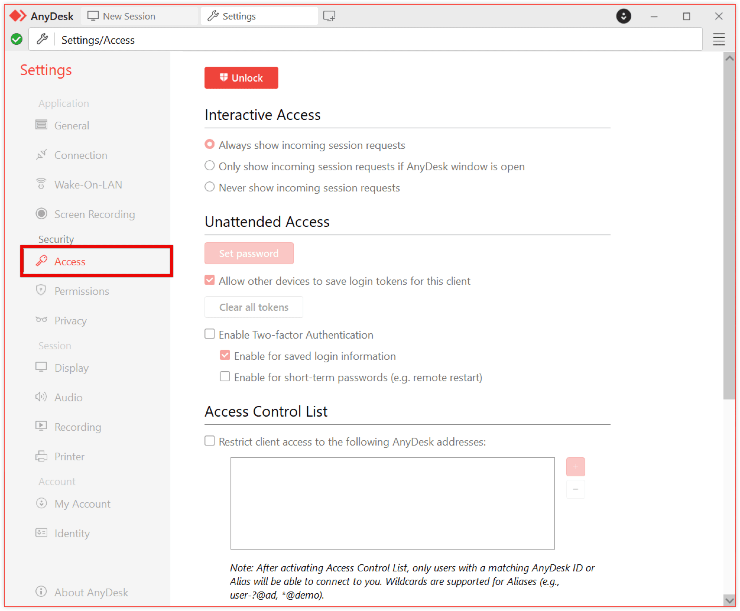 Configurações de acesso do AnyDesk com Acesso, Desbloquear e Definir senha