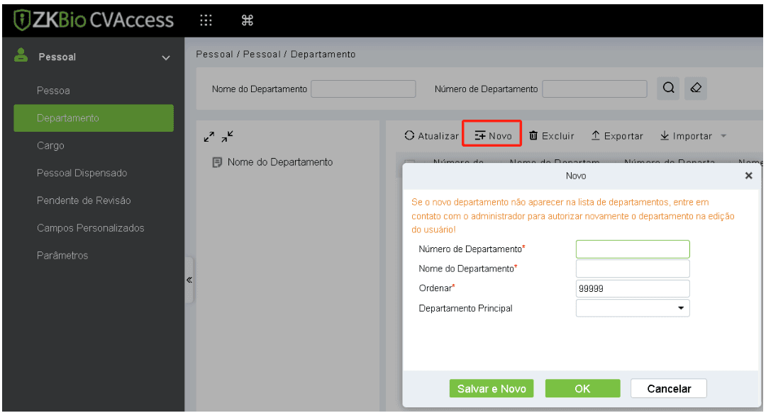 Janela real para adicionar departamento no ZKBio CVAccess