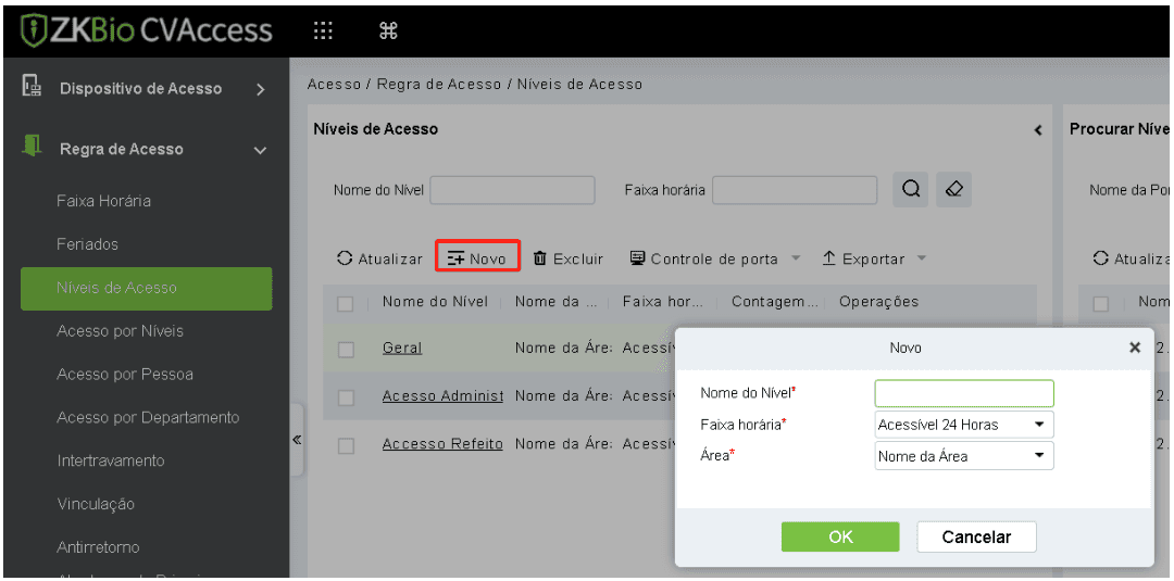 Janela real para criar nível de acesso no ZKBio CVAccess