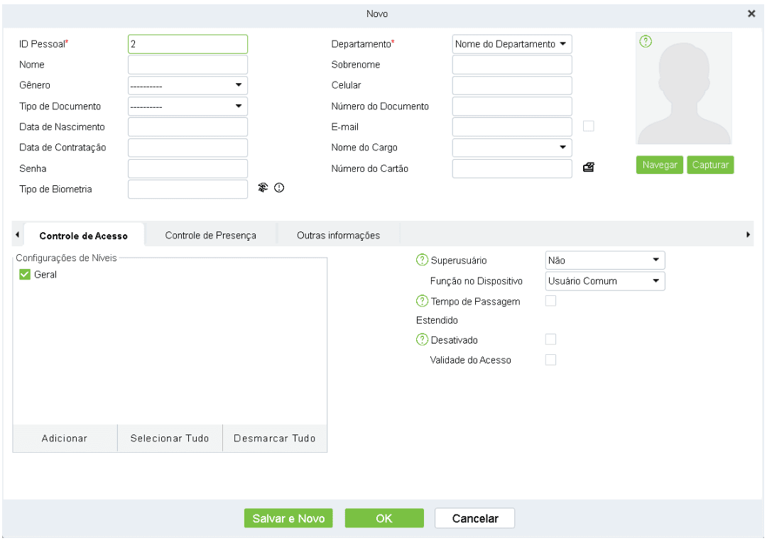 Tela real para adicionar pessoa no ZKBio CVAccess