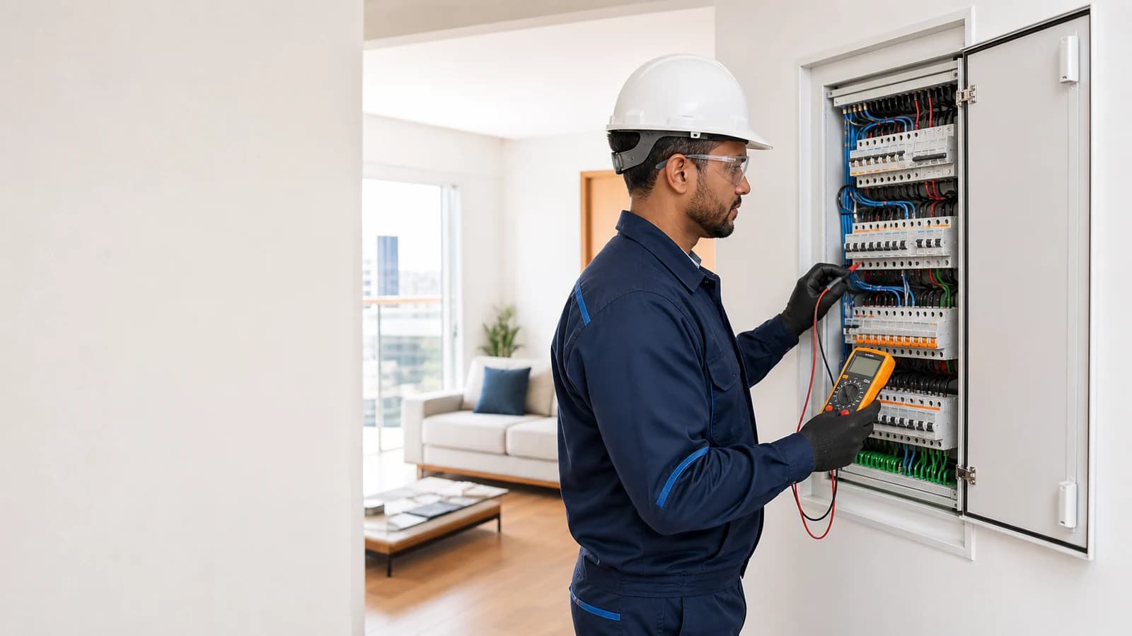 Eletricista residencial avaliando quadro elétrico em apartamento de Belo Horizonte