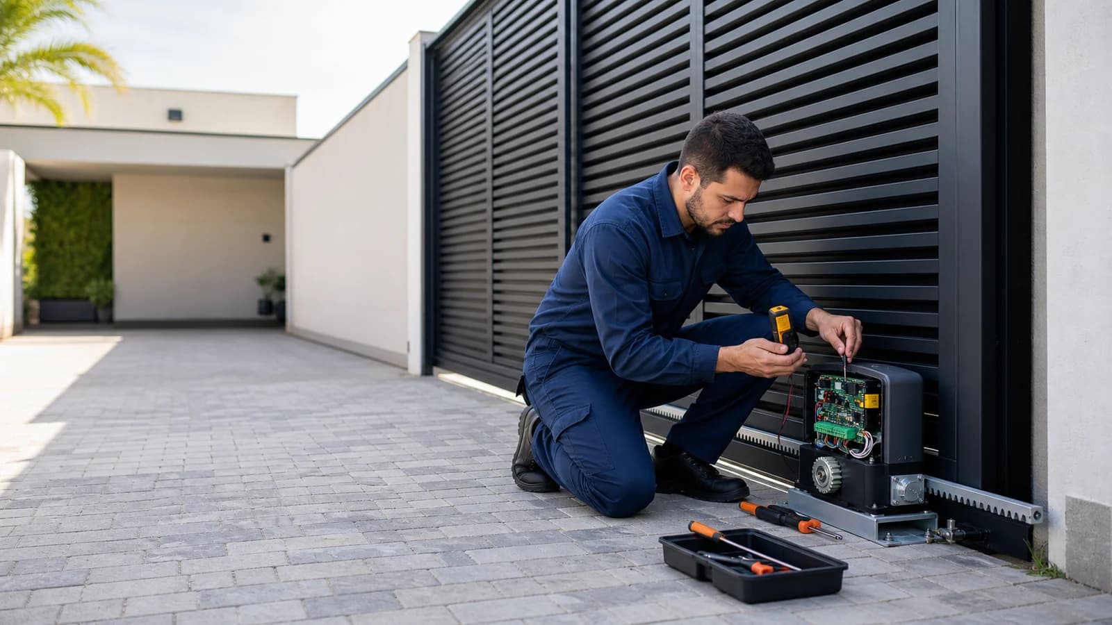 Técnico realizando instalação e manutenção de motor de portão eletrônico em Belo Horizonte