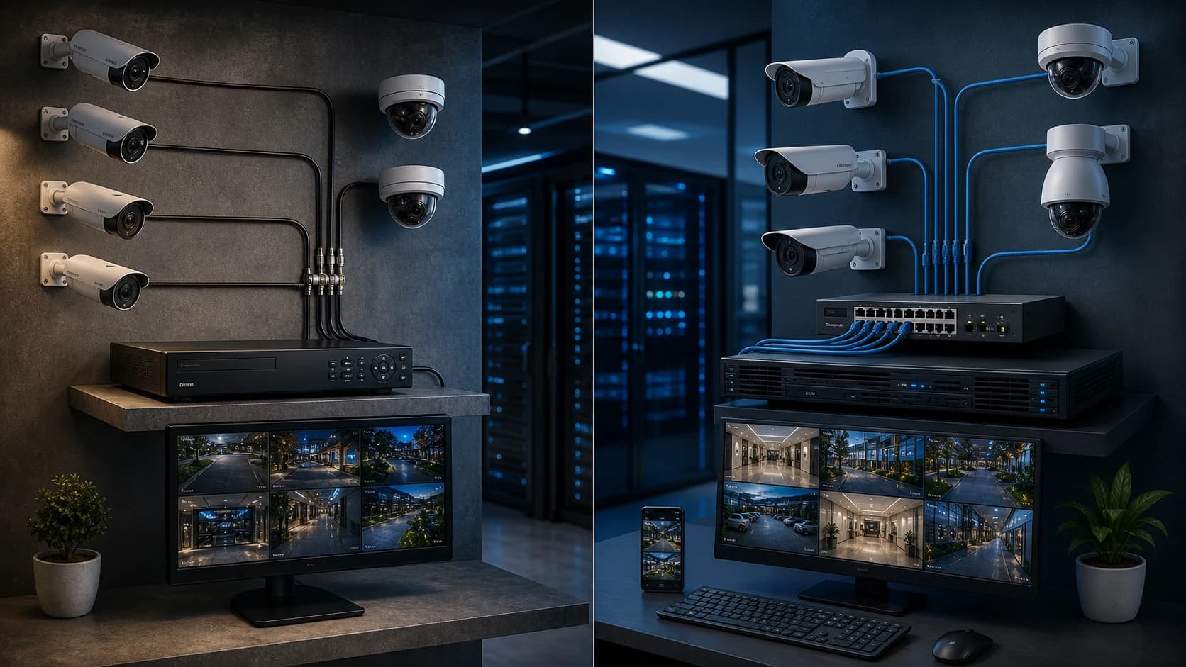 Arquitetura de sistema de CFTV mostrando câmeras conectadas a gravadores e rede para monitoramento inteligente.