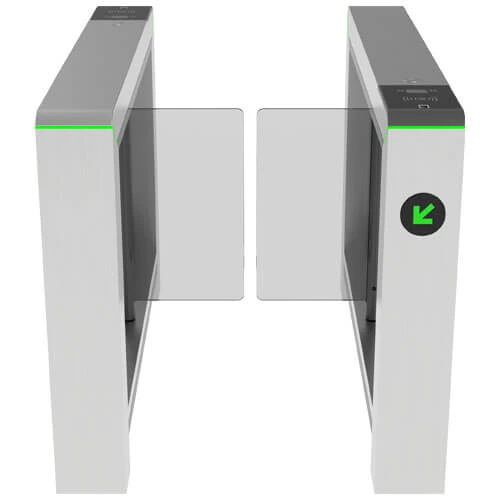 Balcão com flap em composição visual para controle moderno do fluxo de pedestres em halls e recepções corporativas.
