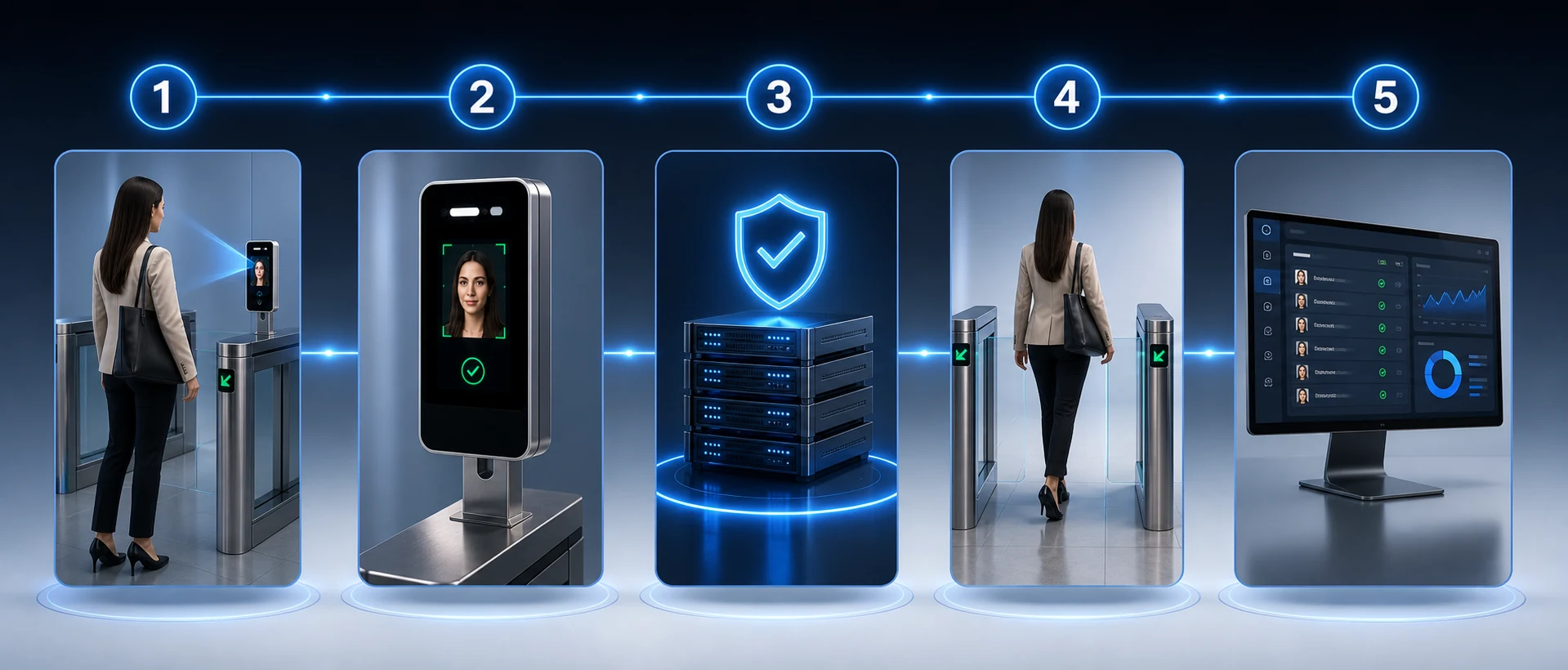 Fluxo de funcionamento de catracas mostrando identificação, validação, liberação da passagem e registro no software.