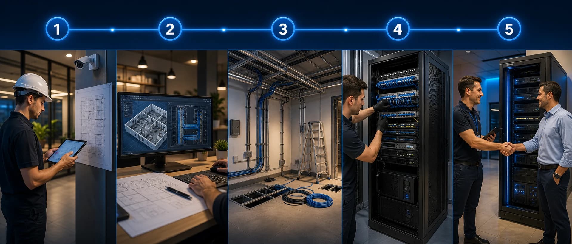 Fluxo de um projeto de infraestrutura mostrando levantamento técnico, dimensionamento, instalação elétrica e de rede, organização do rack e testes finais.