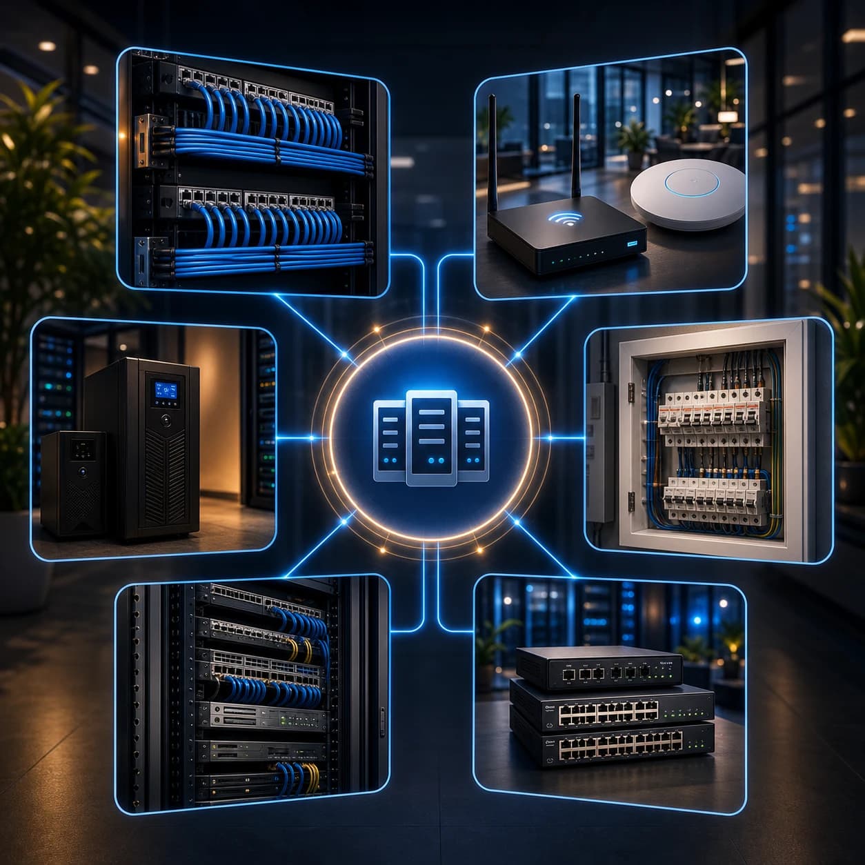 Composição premium com soluções de infraestrutura como elétrica dedicada, cabeamento estruturado, racks, nobreaks, switches e rede.