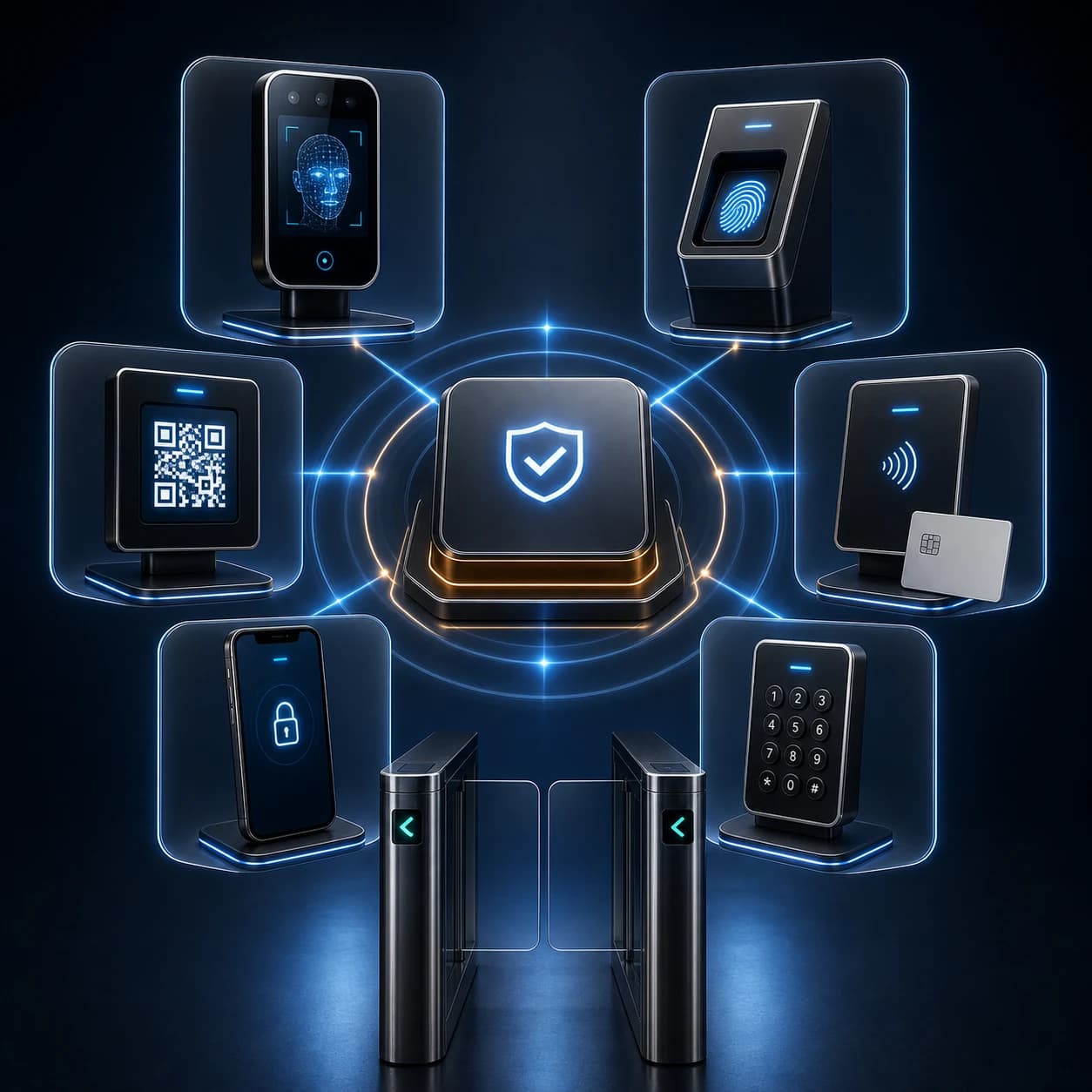 Composição visual com diferentes tecnologias de autenticação para catracas, como facial, biometria, QR Code, cartão e aplicativo.