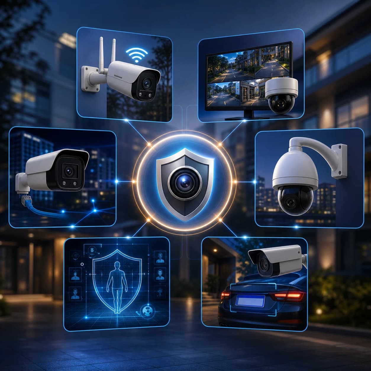 Composição premium com tecnologias de CFTV como Wi-Fi, Multi HD, IP, PTZ, análise inteligente e leitura de placas.