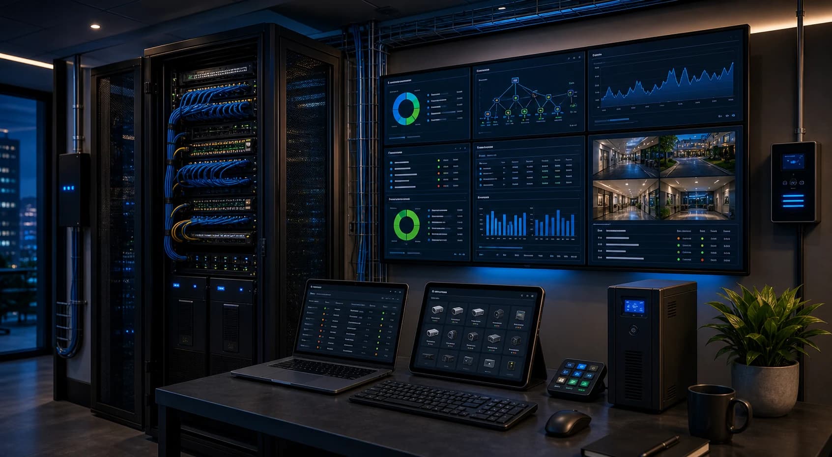 Rack organizado, monitoramento de rede, documentação técnica e gestão de energia em ambiente corporativo.