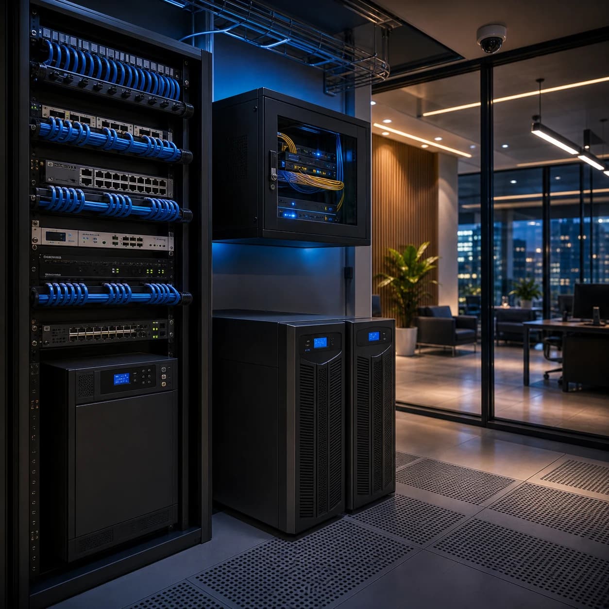 Infraestrutura técnica com rack organizado, cabeamento estruturado, equipamentos de rede e energia para ambiente corporativo.