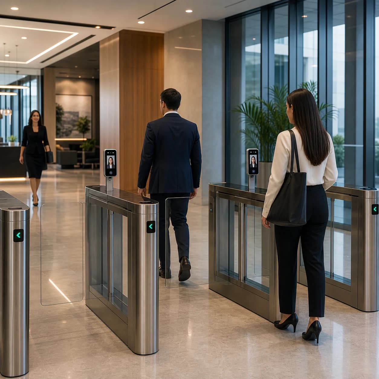 Recepção corporativa com catracas de acesso e leitores faciais organizando a entrada de pedestres com segurança e controle.