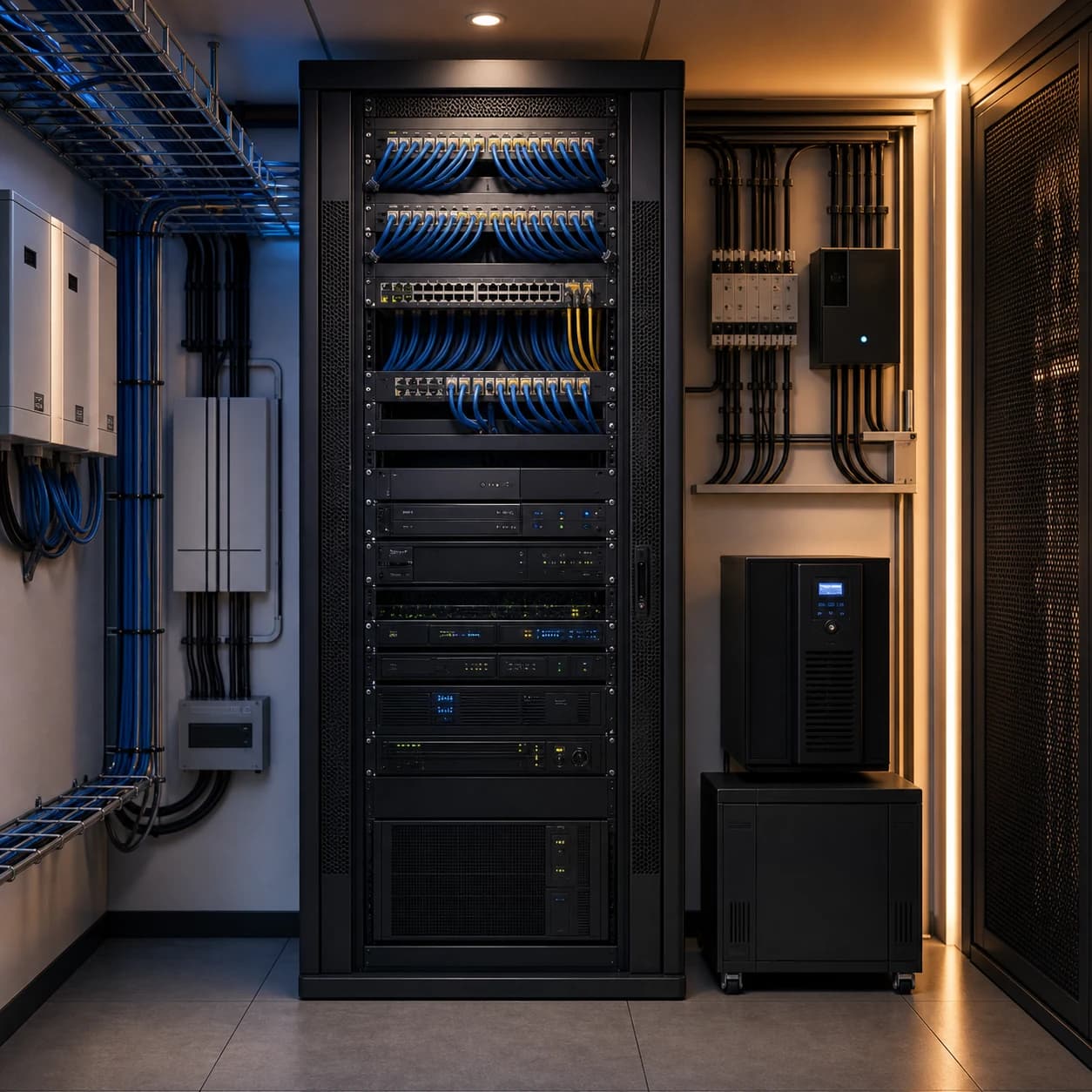 Infraestrutura com rack, distribuição de rede, elétrica organizada e equipamentos técnicos instalados em ambiente profissional.