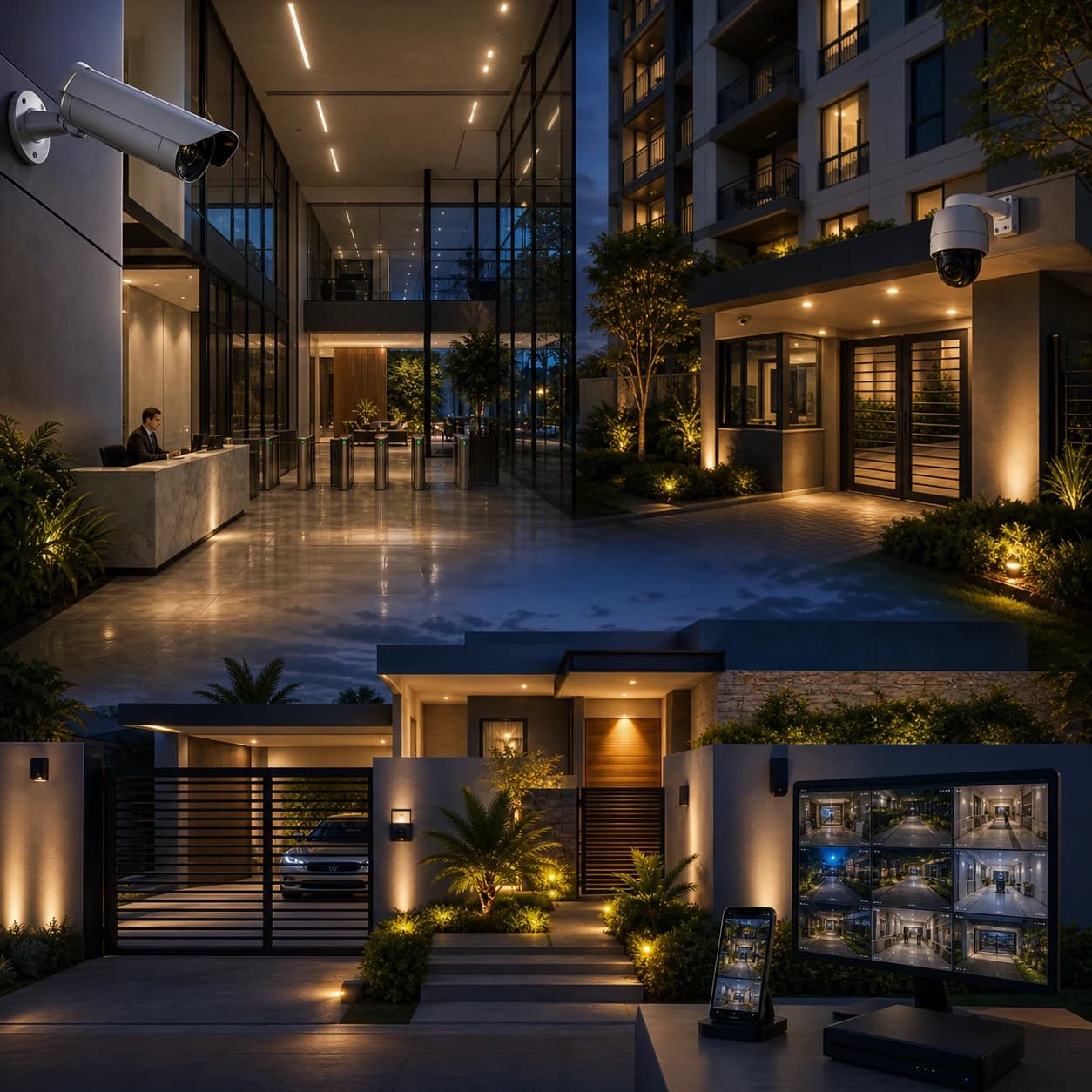 Hall corporativo e área residencial monitorados por câmeras de segurança, representando prevenção, controle visual e operação inteligente.