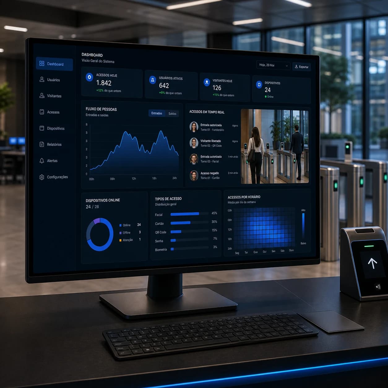 Dashboard de software de gerenciamento de catracas com usuários, permissões, relatórios e controle de acessos.
