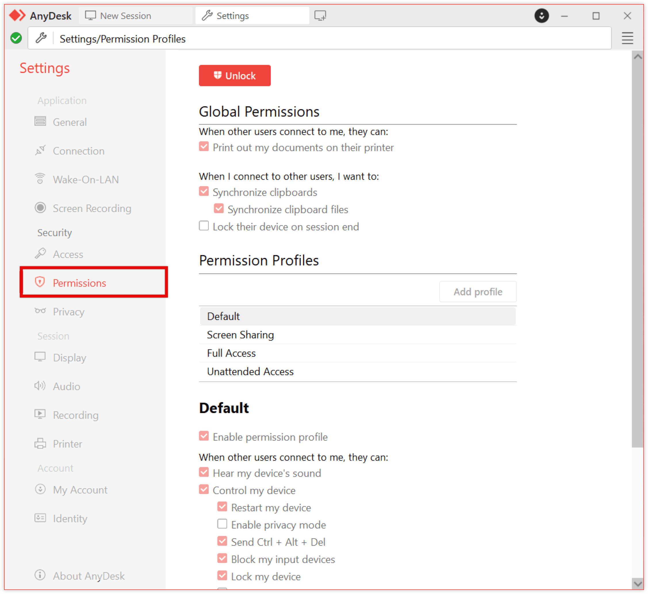 Tela real de perfis e permissões do AnyDesk