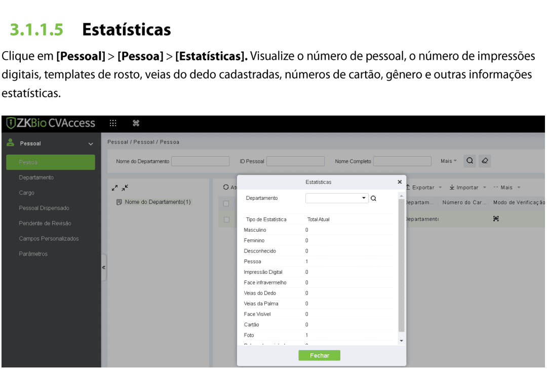 Tela real de estatísticas de pessoas no ZKBio CVAccess