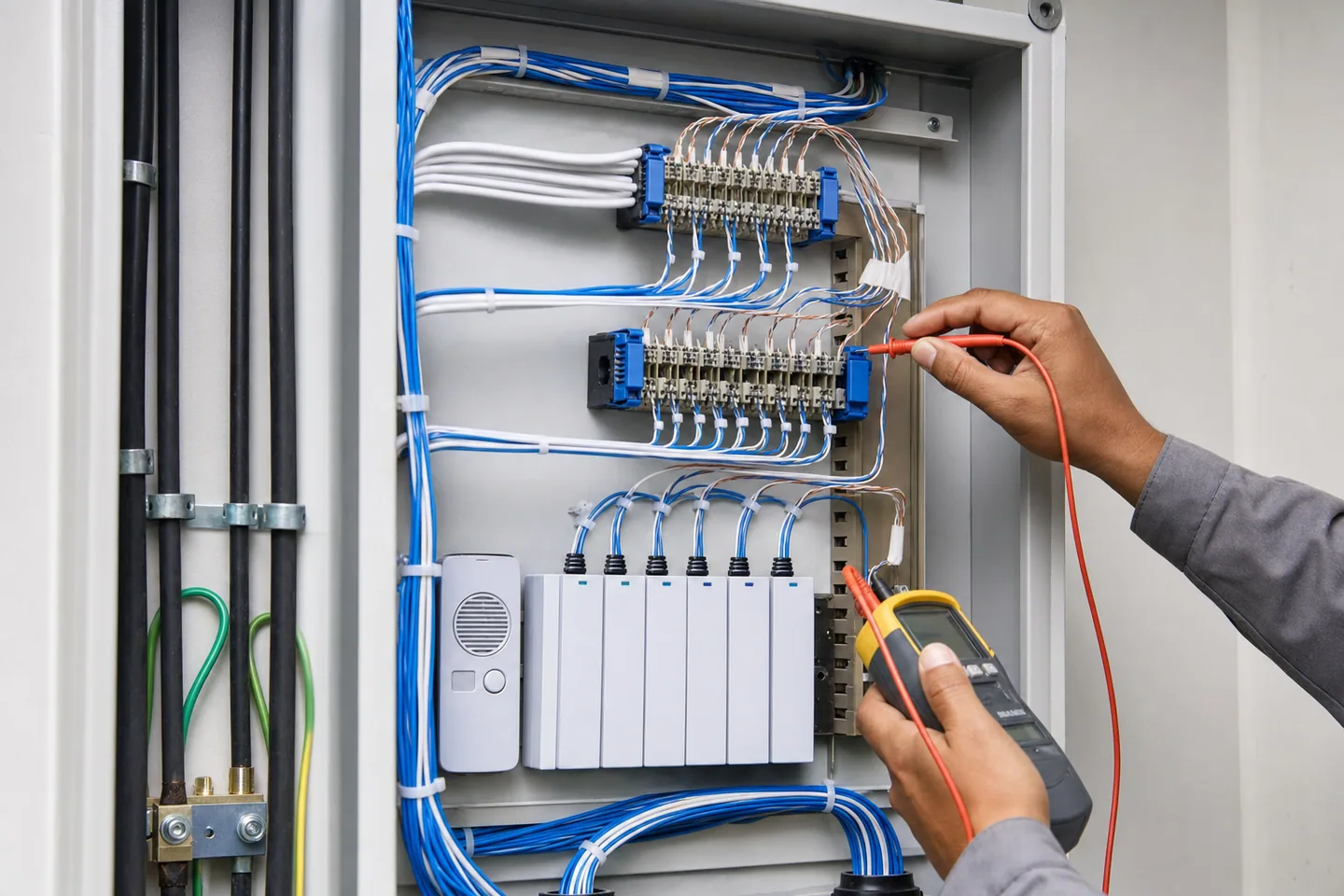 Cabeamento organizado e testado em quadro técnico de interfonia
