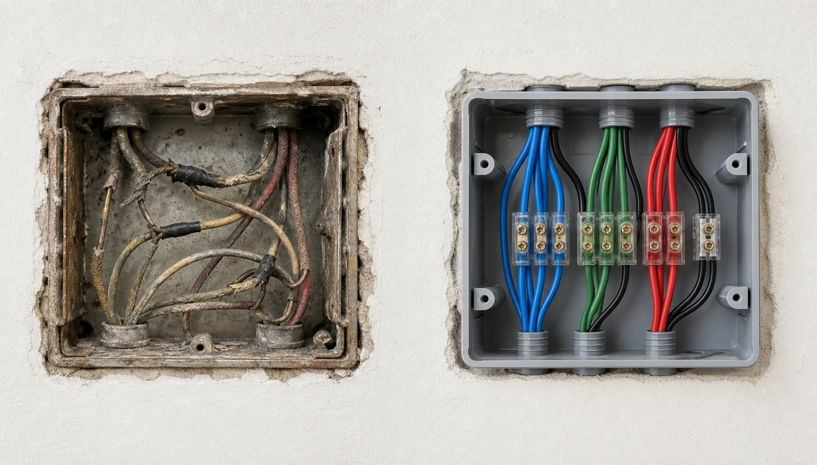 Comparação entre cabos elétricos residenciais antigos e instalação renovada