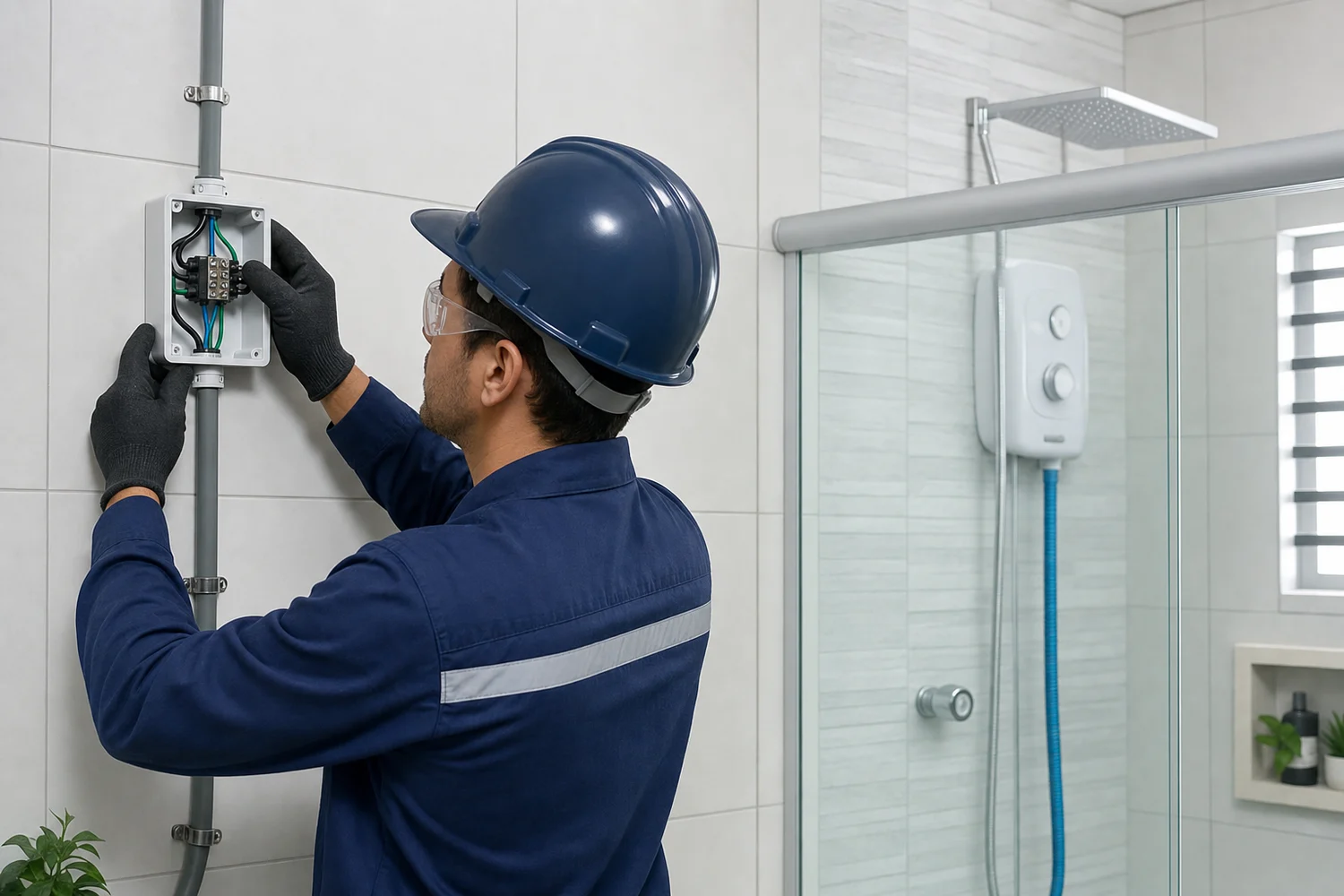 Eletricista realizando instalação segura de chuveiro elétrico em banheiro residencial