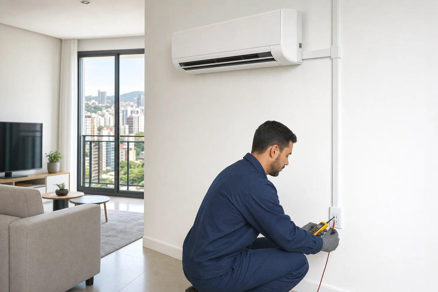 Eletricista instalando e testando ponto elétrico para ar-condicionado residencial