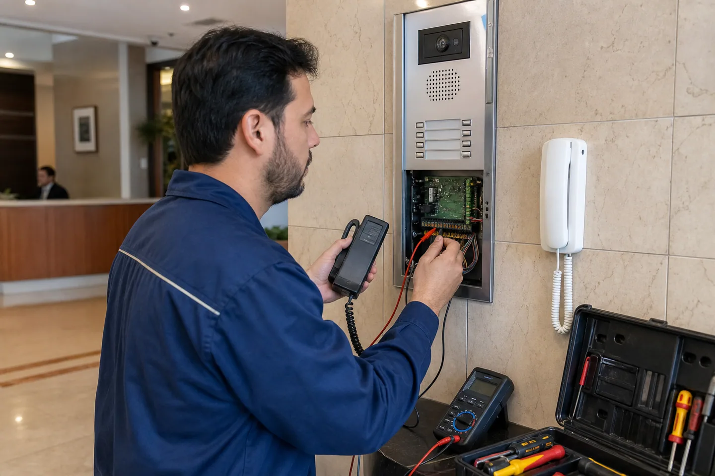 Técnico realizando diagnóstico em painel de interfone de condomínio