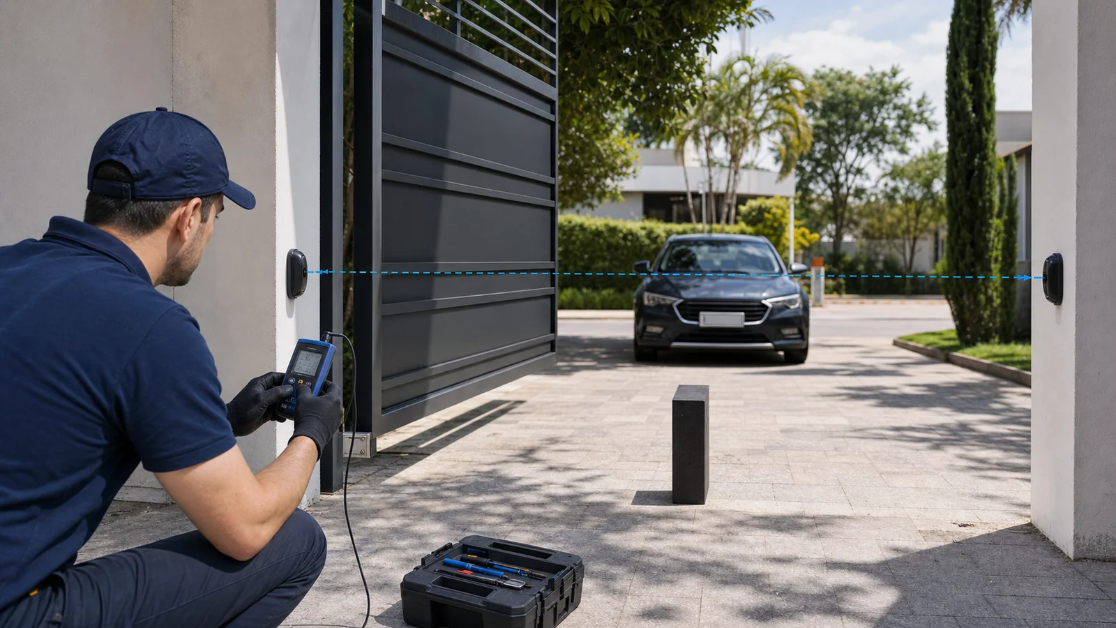 Técnico alinhando e testando fotocélulas de segurança em portão automático