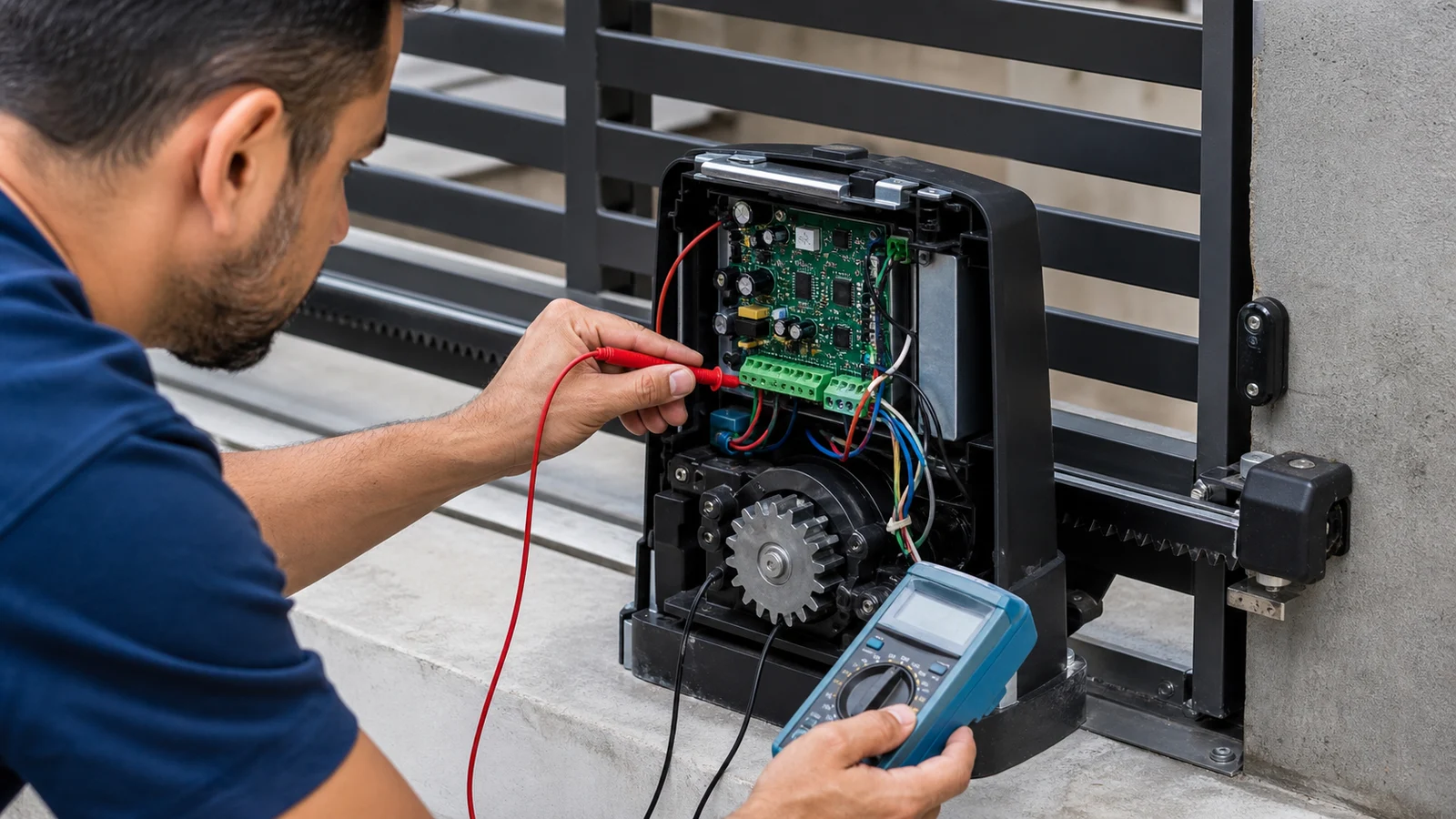 Técnico diagnosticando central eletrônica e motor de portão automático